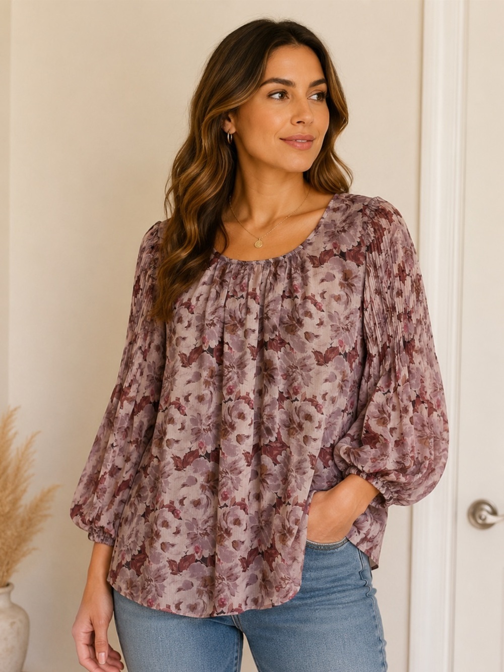 LC Lauren Conrad Floral Blouse 0X Plus Puff Sleeve Chiffon Top